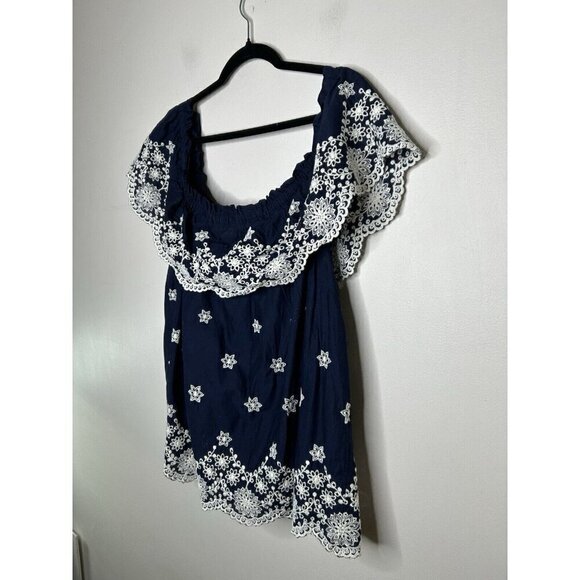 Maurice Navy Ruffle Eilet Lace Embroidered Off Shoulder Blouse Boho Size 2 - Picture 4 of 10